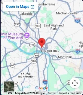 Map showing the Richmond branch near East Franklin Street, Richmond, Virginia.